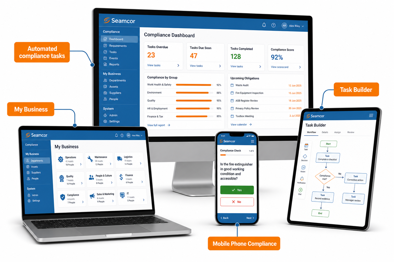 Seamcor on desktop, laptop, mobile and tablet — compliance tasks, My Business and task builder